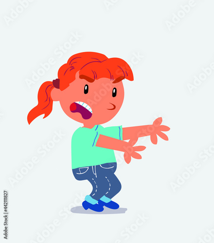 Very angry cartoon character of little girl on jeans pointing at something at side