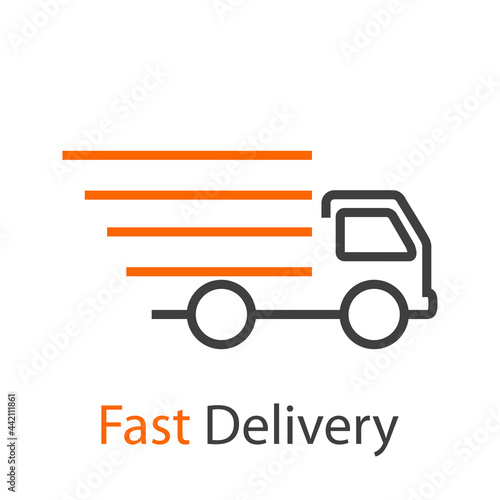 Logo con texto Fast Delivery con camión de transporte con lineas de velocidad en color gris y naranja