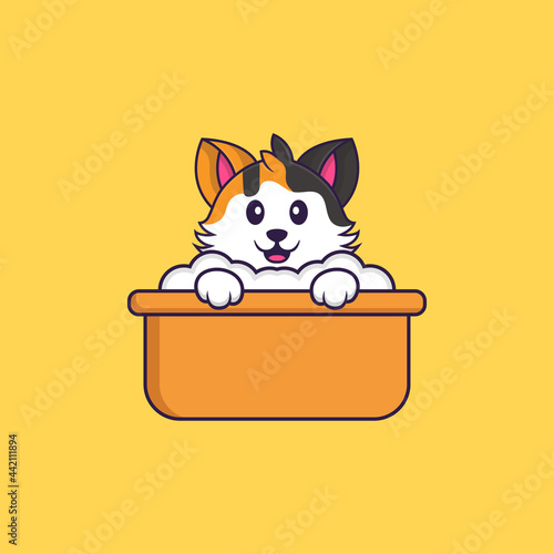 Cute cat taking a bath in the bathtub. Animal cartoon concept isolated. Can used for t-shirt, greeting card, invitation card or mascot. Flat Cartoon Style