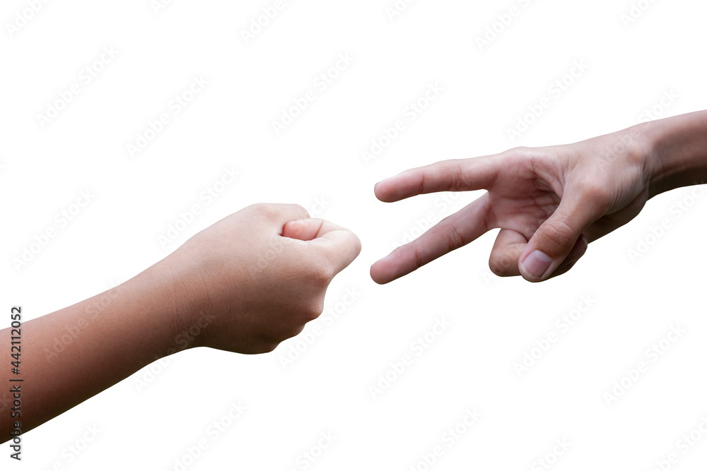 Children are playing a hand game rock paper scissors, Roshambo or RPS  isolated on white background included clipping path.