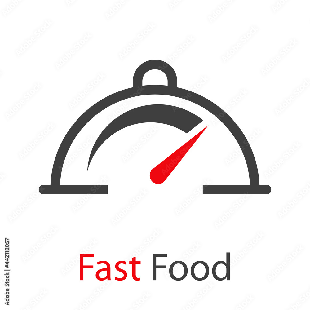 Logo con palabra Fast Food con velocímetro en bandeja de comida con tapadera con lineas en color gris y rojo Logo con palabra Fast Food con velocímetro en bandeja de comida con tapadera con lineas en color gris y rojo