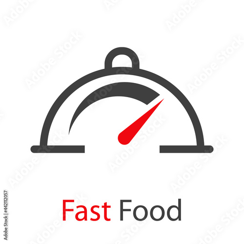 Logo con palabra Fast Food con velocímetro en bandeja de comida con tapadera con lineas en color gris y rojo
