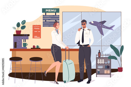 Airport web concept. Aircraft crew is preparing for flight. Stewardess with suitcase and pilot waiting to board plane in cafe. People scenes template. Vector illustration of characters in flat design