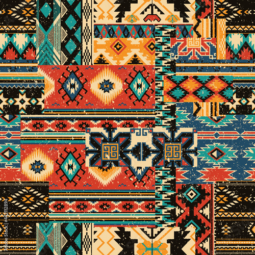 Native American traditional fabric patchwork grunge vector seamless patterns