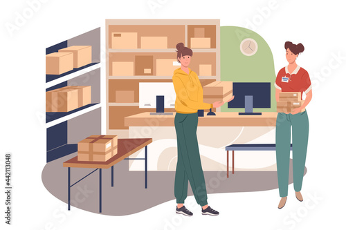Delivery service web concept. Women work in warehouse. Postal service workers give out parcels, processes orders on computer. People scenes template. Vector illustration of characters in flat design