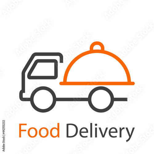 Logo con texto Food Delivery con bandeja de comida con tapadera en camión con lineas en color gris y naranja