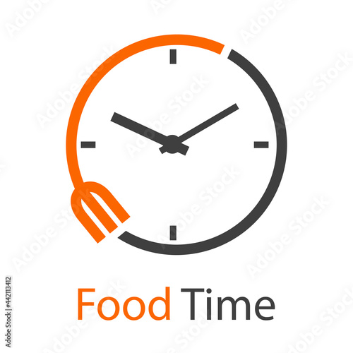Logo con texto Food Time con tenedor con forma de reloj simple con lineas en color gris y naranja