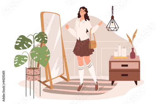 Modern comfortable interior of dressing room web concept. Woman stands of mirror choosing outfit in room with decor and plants. People scenes template. Vector illustration of characters in flat design