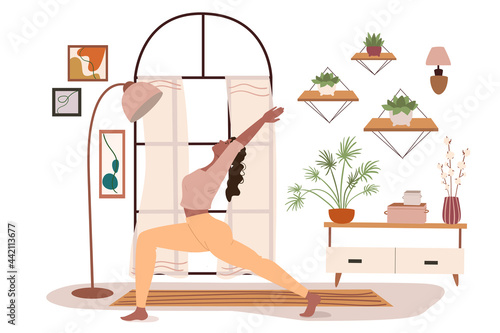 Modern comfortable interior for yoga web concept. Woman practicing yoga asana in room with large window, home decor and plants. People scenes template. Vector illustration of characters in flat design