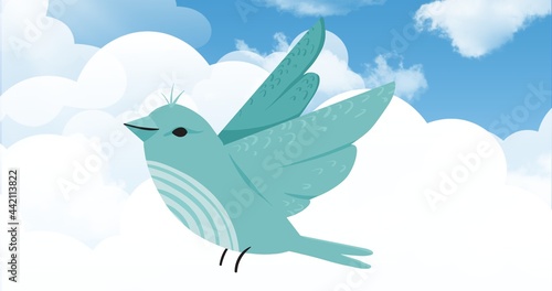 Composition of green bird flying against clouds on blue background