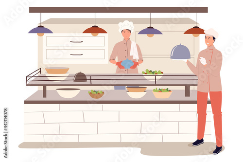 Restaurant staff in kitchen web concept. Chef places ready meals on counter, waiter carries orders to customers in dining room. People scenes template. Vector illustration of characters in flat design