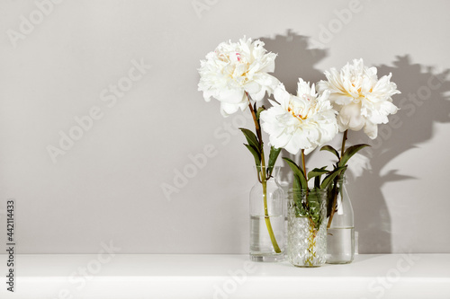 Fototapeta Naklejka Na Ścianę i Meble -  Romantic elegant peonies flowers arrangement on table wall background. Template for text or artwork, trendy shadows