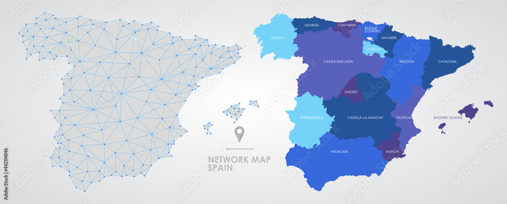 Telecommunications network of the Spain, Abstract mesh polygonal geographic map, detailed political map