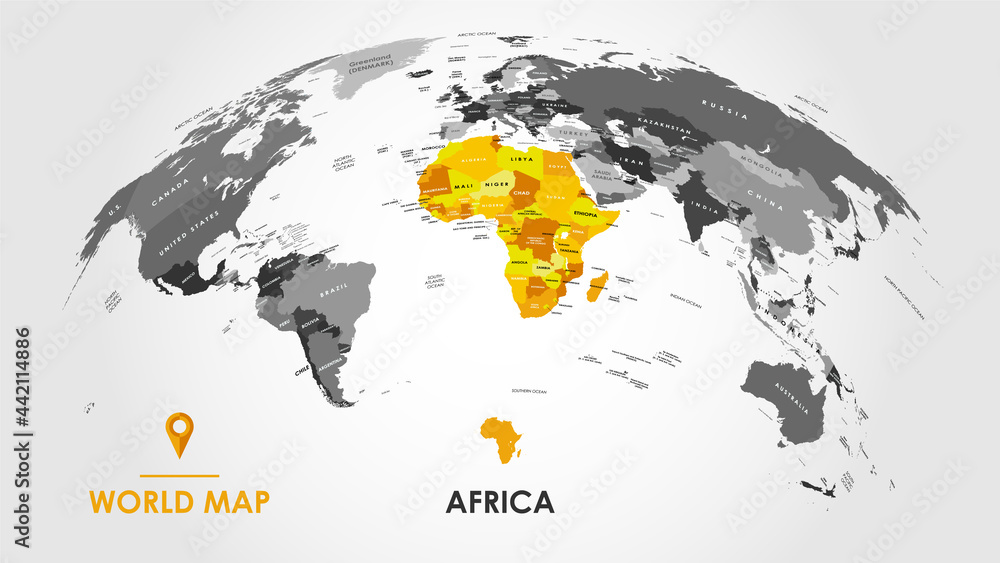 Naklejka premium Detailed global world map, with borders and names of countries, seas and oceans, Continent of Africa in colors, vector illustration