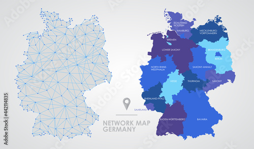 Telecommunications network of the Germany, Abstract mesh polygonal geographic map, detailed political map