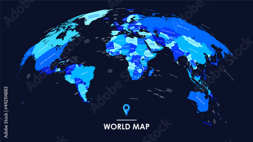 Detailed colorful global world map, with borders and names of countries, seas and oceans, vector illustration on dark background
