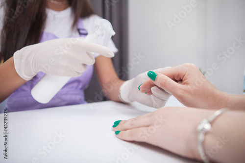 Unrecognizable woman having her hands disinfected by professional manicurist