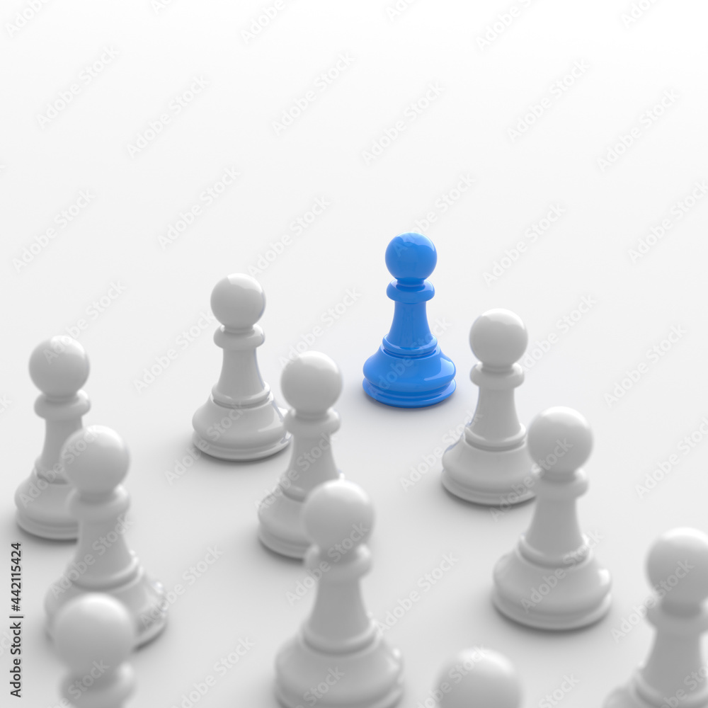 Leadership concept, blue pawn of chess, standing out from the crowd of white pawns, on white background. 3D Rendering Leadership concept, blue pawn of chess, standing out from the crowd of white pawns, on white background. 3D Rendering