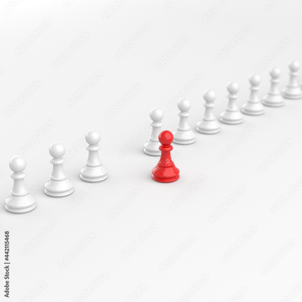 Leadership concept, red pawn of chess, standing out from the crowd of white pawns, on white background. 3D Rendering Leadership concept, red pawn of chess, standing out from the crowd of white pawns, on white background. 3D Rendering