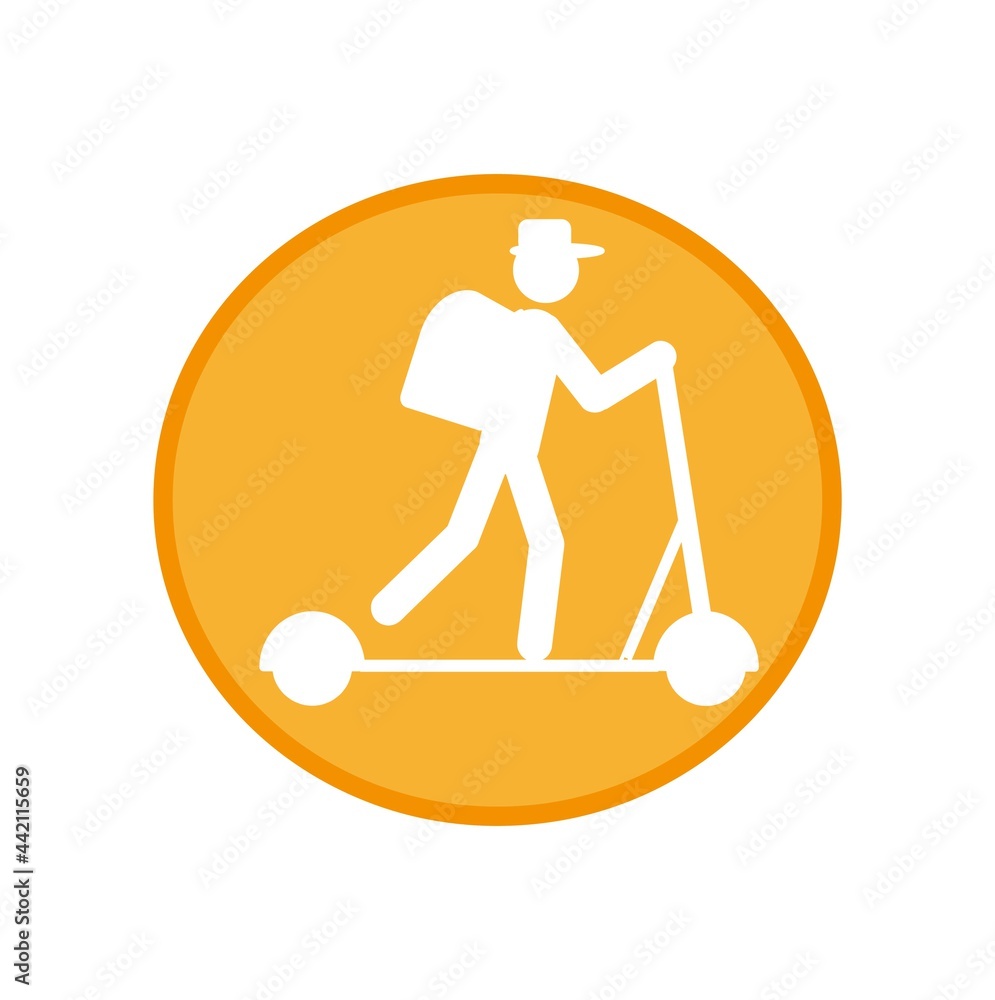 The courier rides on an electric scooter. A courier on a scooter delivers hot meals. The food delivery icon.