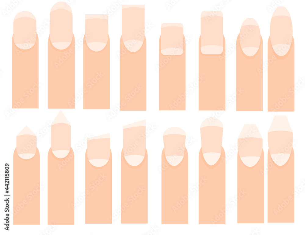Fingers and nails.Different nail shapes.Ads for beauty salons.Sign, symbol, icon or logo.Flat design.Vector illustration.Set of hand gestures. Fingers and nails.Different nail shapes.Ads for beauty salons.Sign, symbol, icon or logo.Flat design.Vector illustration.Set of hand gestures.