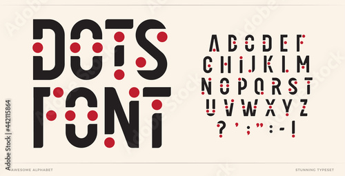Dots font art alphabet letters. Creative logo letters with points. Trendy futuristic typographic design. Fun letter set for carnival logo, music cover, poster headline type. Vector typeset with balls