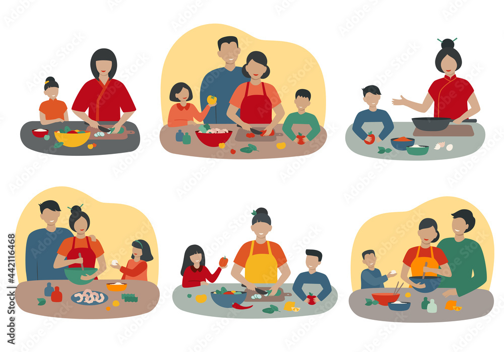 Vector Set of Asian people preparing food. Smiling parents and children cooking at home. Mother, father, daughter, son cook different food in the kitchen. Cartoon flat style. Isolated on a white. Vector Set of Asian people preparing food. Smiling parents and children cooking at home. Mother, father, daughter, son cook different food in the kitchen. Cartoon flat style. Isolated on a white.