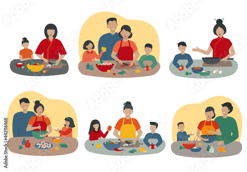 Vector Set of Asian people preparing food. Smiling parents and children cooking at home. Mother, father, daughter, son cook different food in the kitchen. Cartoon flat style. Isolated on a white.