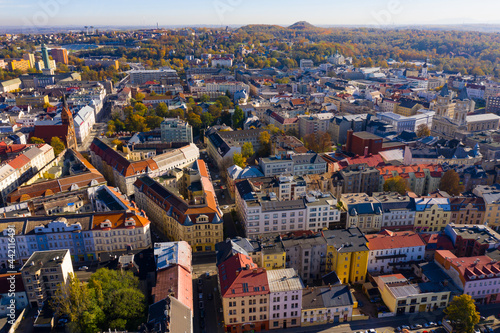 Panoramic aerial view of autumn landscape of Czech city of Ostrava on sunny day  Moravian-Silesian Region