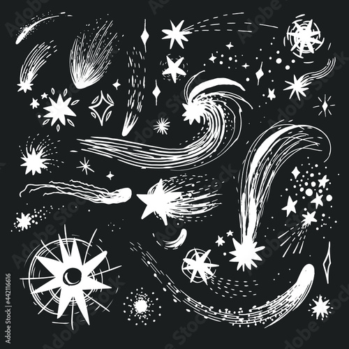 Hand drawn doodle stars constellations, star dust, meteorites, and comets vector collection