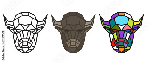 Collection silhouettes of buffalo head from lines in geometric polygonal style isolated on white background. Modern graphic design element for label, print or poster. Vector art illustration.