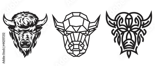 Collection silhouettes of buffalo head in monochrome different styles isolated on white background. Modern graphic design element for label, print or poster. Vector art illustration.