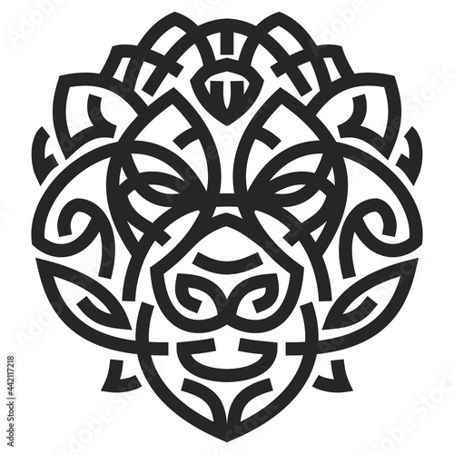 Silhouette of lion head from lines in monochrome geometric style isolated on white background. Modern graphic design element for label or poster. Vector art illustration.