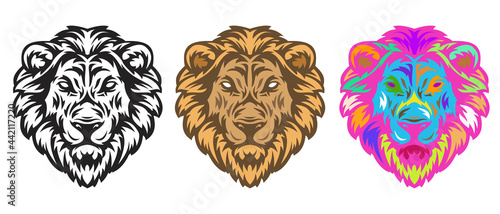 Collection lion head in hand drawn sketch style isolated on white background. Modern graphic design element for label or poster. Vector art illustration.
