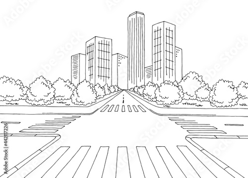 Crossroads street road graphic black white city landscape sketch illustration vector 