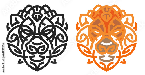 Set silhouettes of lion head from lines in geometric style isolated on white background. Modern graphic design element for label or poster. Vector art illustration.