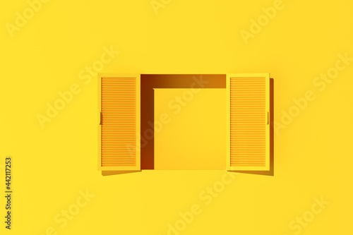 Fototapeta Naklejka Na Ścianę i Meble -  Minimal scene of window on yellow wall background. 3d rendering.