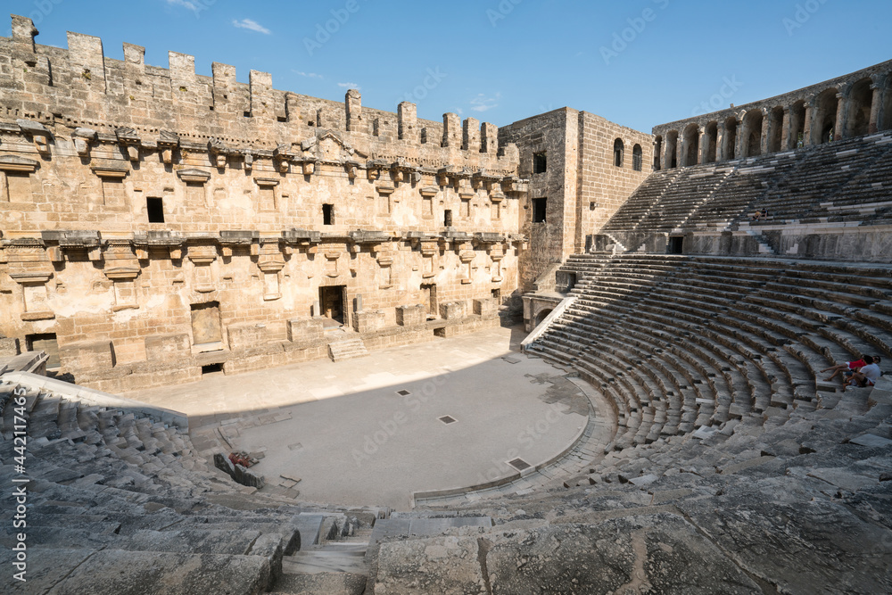 Famous ancient Aspendos Roman amphitheater.  Pamphylia region, Belkiz, Antalya, Turkey.