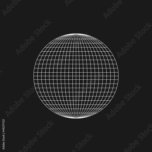 Retrofuturistic planet shape. Cyberpunk geometry of planet. Circle geometry for poster, cover, merch in retrowave style. Old cyberpunk concept. Vector