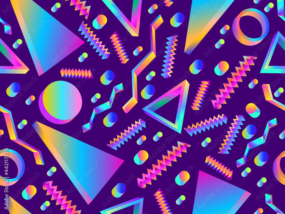 3d geometric seamless pattern with a gradient in the 80s style. Geometric elements memphis. Background for banners and promotional items, wrapping papers and booklets. Vector illustration