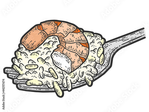 Risotto with seafood. Sketch scratch board imitation color.