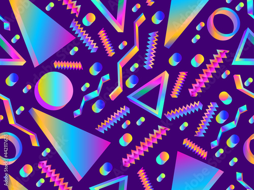 3d geometric seamless pattern with a gradient in the 80s style. Geometric elements memphis. Background for banners and promotional items, wrapping papers and booklets. Vector illustration