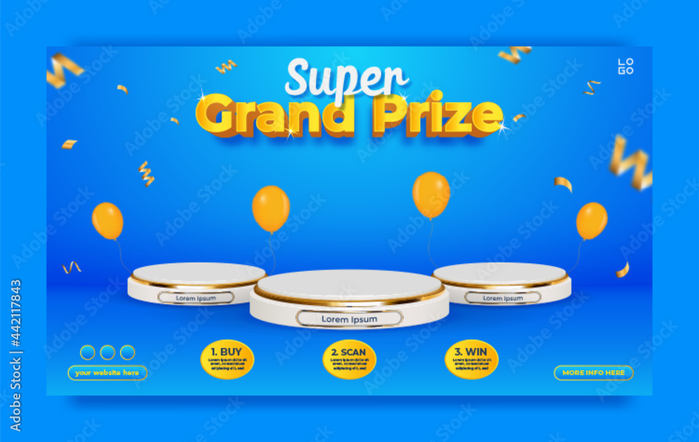 Grand prize horizontal banner template with podium and balloons. vector ...