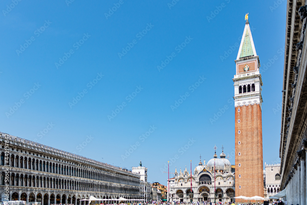 Low angle view of the famous Bell Tower Campanile at the St Marc's Square in Venice, Italy
