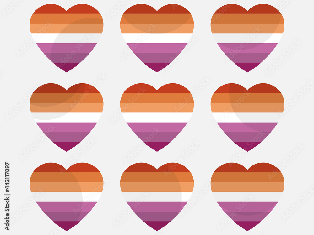 Hearts with lesbian flag, icon set. Lesbian pride day. LGBT sexual minorities. Collection of icons of hearts isolated on white background for banner and  poster. Vector illustration