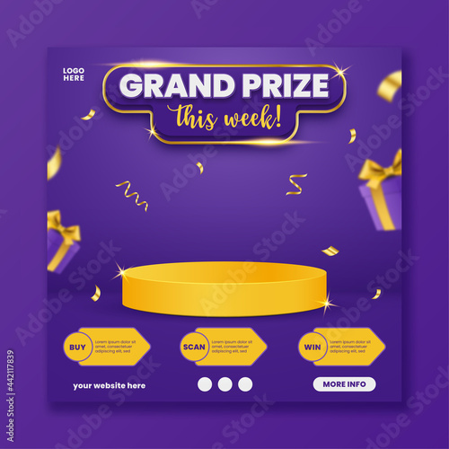 Grand prize announcement social media template with podium and flying gift box, vector illustration.
