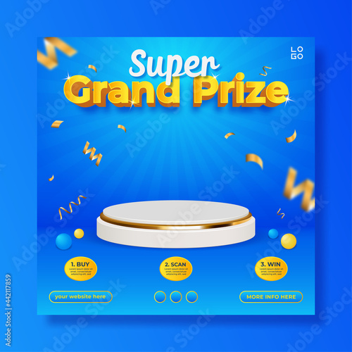Grand prize contest square banner template with podium and confetti.