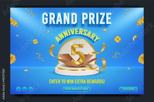 Grand prize anniversary horizontal banner template, realistic podium and flying gold coin, vector illustration.