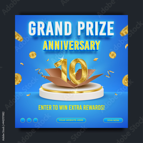 Grand prize anniversary social media banner template, realistic podium and flying gold coin, vector illustration.