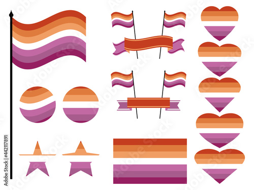 Lesbian pride flag collection of symbols. Hearts, stars and circles with lesbian flag. Sexual minorities. Design for banner and poster. Vector illustration